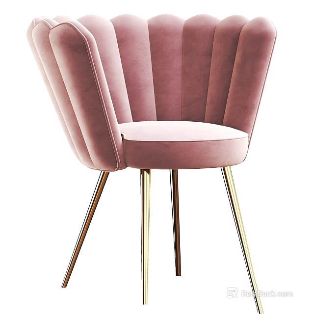 Pink Velvet Accent Chair With Scalloped Back And Gold Metal Legs 3d model 