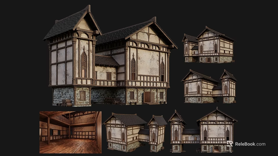 Traditional Ancient Architecture With Wooden Structure Tile Roof Carved Windows And Interior Details 3d model 