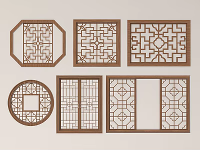 Traditional Chinese Casement Windows with Various Shapes Wooden Frames and Lattice Designs 3d model