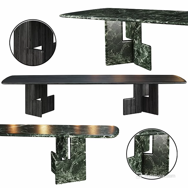 Modern Restaurant Table Design With Dark Wood Legs And Green Marble Surface 3d model 