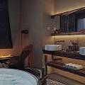 Luxurious Bathroom Interior With Circular Skylight Stone Wall Bathtub Fireplace And Wooden Accents