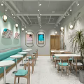 Modern Milk Tea Shop Interior With Teal Walls Arched Designs Green Plants And Fruit