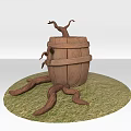 Decorative Wooden Barrel With Tree Roots On Green Grass Surface 3d model