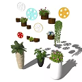 Creative Wall Decor With Circular Decorations Hanging Plants And Wall Mounted Shelves 3d model