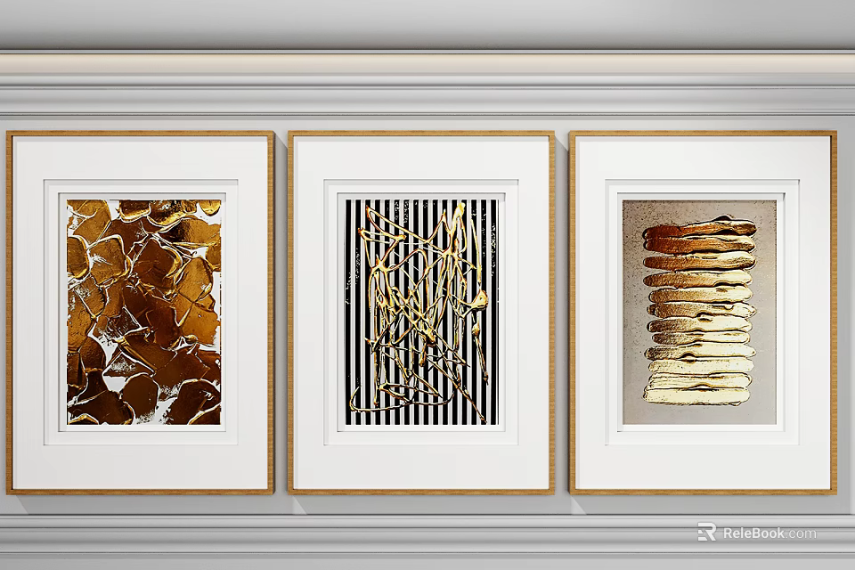 Three Wall Mounted Decorative Artworks With Golden Frames And Unique Patterns 3d model