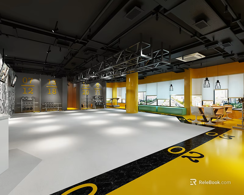 Spacious Fitness Gym Interior With Open Layout Yellow Black Flooring And Number Markings 3d model 