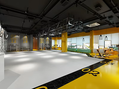 Spacious Fitness Gym Interior With Open Layout Yellow Black Flooring And Number Markings 3d model