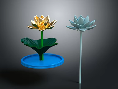Golden And Light Blue Lotus Decorations With Green Leaves Blue Base And White Stem 3d model