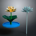 Golden And Light Blue Lotus Decorations With Green Leaves Blue Base And White Stem
