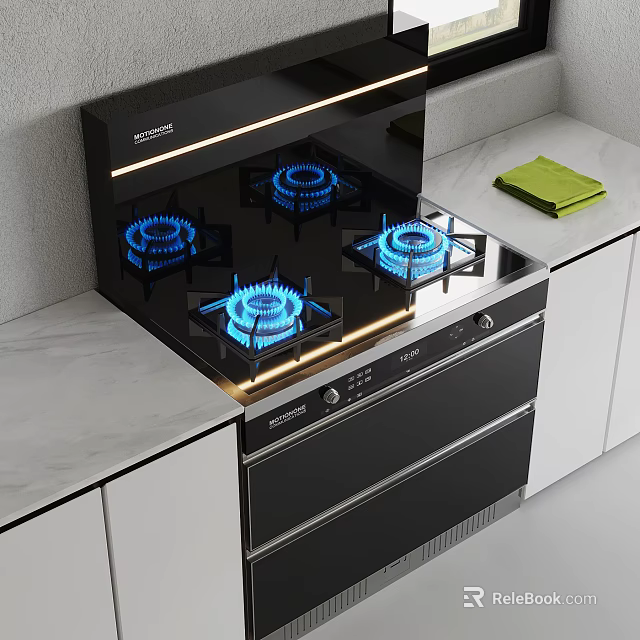 Modern Kitchen Gas Stove With Four Blue Flame Burners Black Integrated Design And Marble Countertop 3d model 