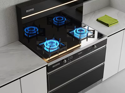 Modern Kitchen Gas Stove With Four Blue Flame Burners Black Integrated Design And Marble Countertop 3d model