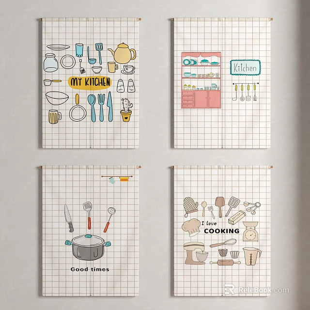 Kitchen Theme Curtains With Hand Drawn Utensil Patterns And Grid Background 3d model