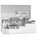 Modern Coffee Shop Display Shelves With Glass Cases Holding Desserts And Coffee Beans