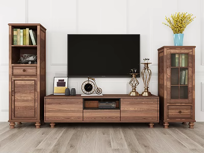 Wooden TV Stand With Bookcases Clock Candle Holders And Vases In Living Room 3d model