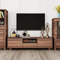 Wooden TV Stand With Bookcases Clock Candle Holders And Vases In Living Room