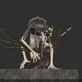 Mythical Antlered Creature With Red Eyes Lanky Figure Tattered Cloth And Twisted Branches Holding Sword