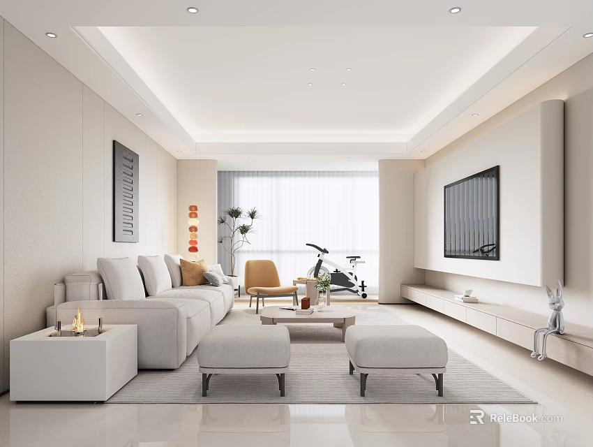 Elegant Modern Living Room Interior With White Sofa Coffee Table TV Stand And Potted Plant 3d model 