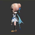 Cartoon Style Woman With Pink Hair Purple Eyes In Blue White Dress And Golden Shoes