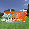 Outdoor Photo Spot With Green Lawn Blue Sky Trees Orange Backdrop And Colorful Sports Figures