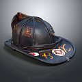 Vintage Black Firefighter Helmet with Worn Finish and Emblem Badges