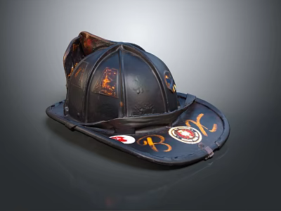 Vintage Black Firefighter Helmet with Worn Finish and Emblem Badges 3d model