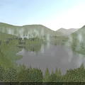 Serene Garden Landscape With Misty Lake Surrounded By Lush Green Forests And Scenic Rolling Hills