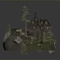 Scenic Miniature Landscape With Rustic House Pine Trees Rocks And Wooden Path
