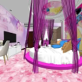 Hotel Guest Room With Round Bed Purple Canopy Pink Carpet And Wall Art Decor