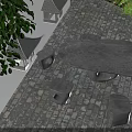 Stone Outdoor Table with Stools on Paved Ground Surrounded by Green Plants and Lanterns