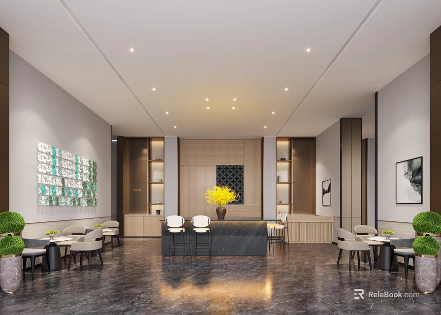 Modern Minimalist Sales Office Interior With Marble Floor Comfortable Seats And Exquisite Wall Decorations 3d model 