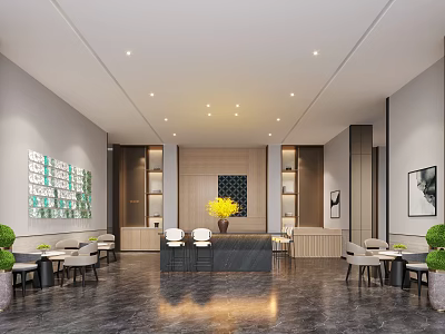 Modern Minimalist Sales Office Interior With Marble Floor Comfortable Seats And Exquisite Wall Decorations 3d model