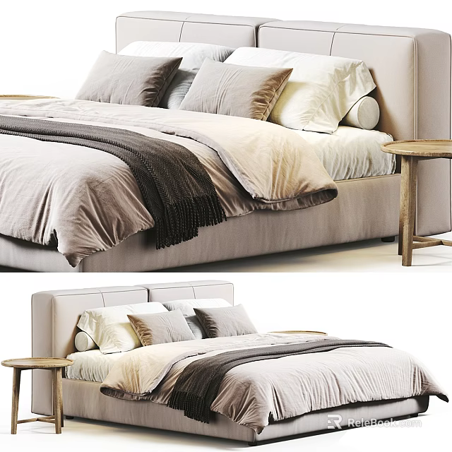 Modern Double Bed with Soft Bedding Multiple Pillows and Wooden Bedside Table 3d model 