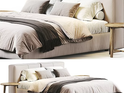 Modern Double Bed with Soft Bedding Multiple Pillows and Wooden Bedside Table 3d model