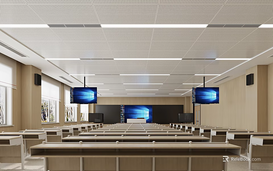School Modern Classroom With Rows Of Desks Ceiling Lights And Displays 3d model 
