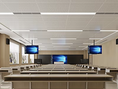School Modern Classroom With Rows Of Desks Ceiling Lights And Displays 3d model