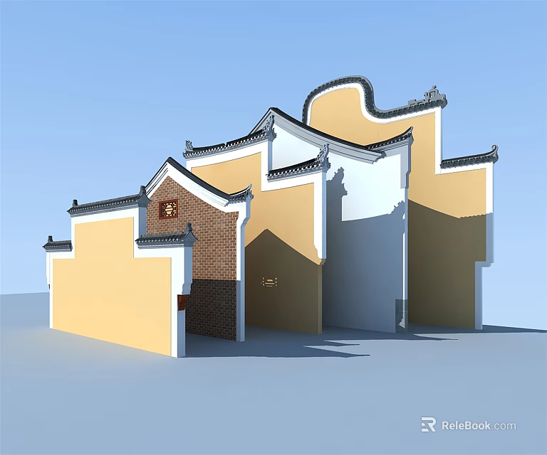 Traditional Chinese Building Exterior Wall With Yellow White Curved Eaves And Brick Accents 3d model 