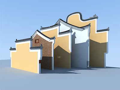 Traditional Chinese Building Exterior Wall With Yellow White Curved Eaves And Brick Accents 3d model