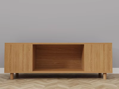 Modern Wooden TV Stand With Open Compartment And Slender Legs On Herringbone Floor 3d model