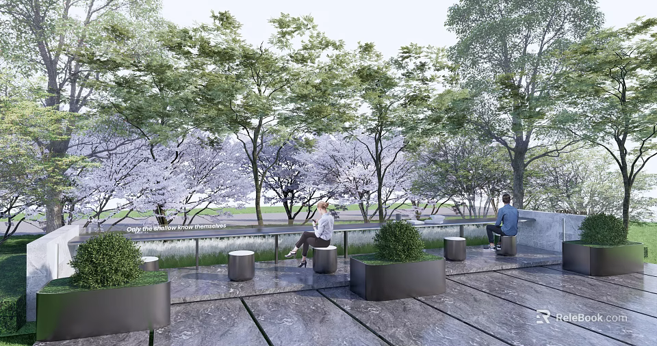 Garden Landscape with Trees Green Plants People Sitting on Benches and Stone Pavement 3d model 