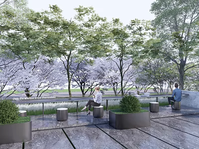 Garden Landscape with Trees Green Plants People Sitting on Benches and Stone Pavement 3d model