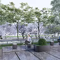 Garden Landscape with Trees Green Plants People Sitting on Benches and Stone Pavement