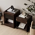 Two Dark Wooden Nightstands With Books Clock Decorative Items And Potted Plant