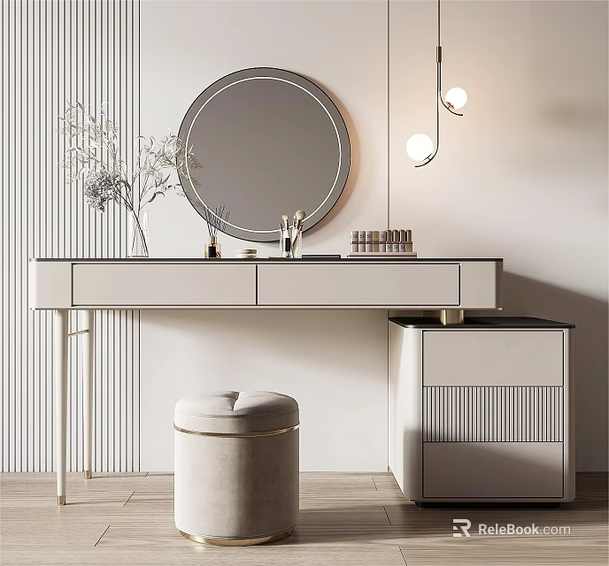 Elegant Modern Dressing Table With Round Mirror Vase Cosmetics And Stool 3d model 