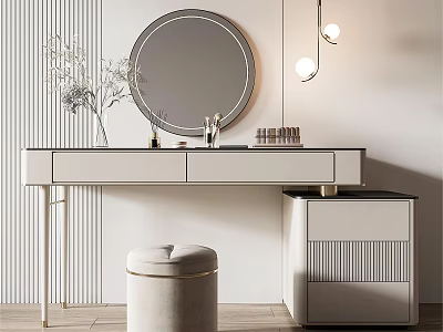 Elegant Modern Dressing Table With Round Mirror Vase Cosmetics And Stool 3d model