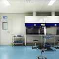 Cleanroom Interior With White Walls Blue Flooring Metal Workbench And Storage Cabinets