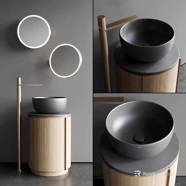 Modern Bathroom Washbasin With Wooden Cabinet Black Vessel Sink Round Mirror And Gold Faucet 3d model 