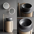 Modern Bathroom Washbasin With Wooden Cabinet Black Vessel Sink Round Mirror And Gold Faucet