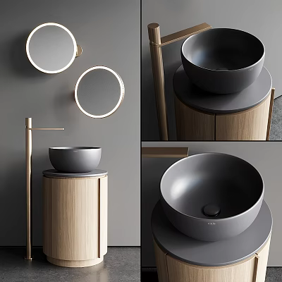 Modern Bathroom Washbasin With Wooden Cabinet Black Vessel Sink Round Mirror And Gold Faucet 3d model