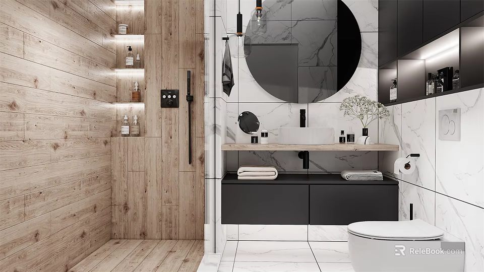 Modern Bathroom Interior With Wooden Wall Round Marble Mirror Black Cabinets And White Tiles 3d model 