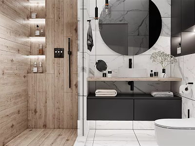 Modern Bathroom Interior With Wooden Wall Round Marble Mirror Black Cabinets And White Tiles 3d model
